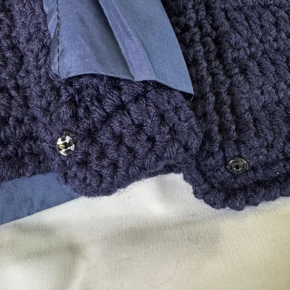 Vintage Hand Knit Navy Blue Coat Women's Small Lined Gold Buttons Artisan